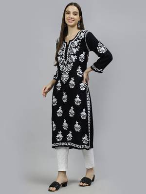 hand embroidered black rayon lucknowi chikan kurta 3