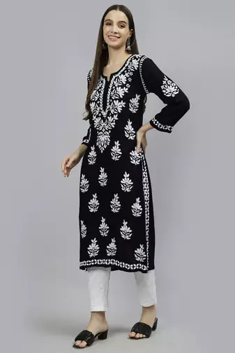 hand embroidered black rayon lucknowi chikan kurta