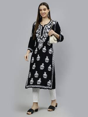 hand embroidered black rayon lucknowi chikan kurta 5