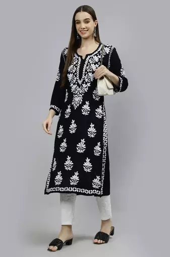 hand embroidered black rayon lucknowi chikan kurta