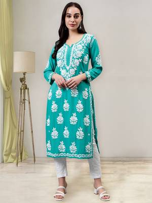 Seva chikan hand embroidered turquoise rayon lucknowi chikan kurta 1