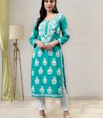 Seva chikan hand embroidered turquoise rayon lucknowi chikan kurta