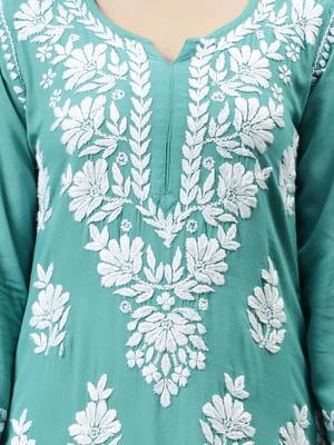 Seva chikan hand embroidered turquoise rayon lucknowi chikan kurta 2
