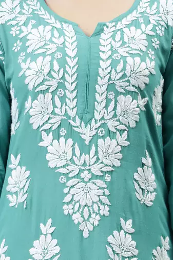 Seva chikan hand embroidered turquoise rayon lucknowi chikan kurta