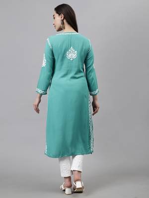 Seva chikan hand embroidered turquoise rayon lucknowi chikan kurta 3