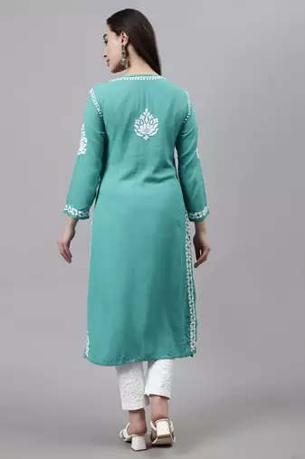 Seva chikan hand embroidered turquoise rayon lucknowi chikan kurta