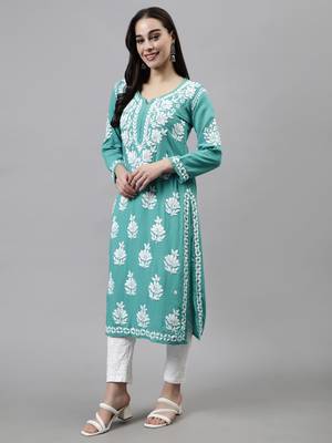 Seva chikan hand embroidered turquoise rayon lucknowi chikan kurta 4
