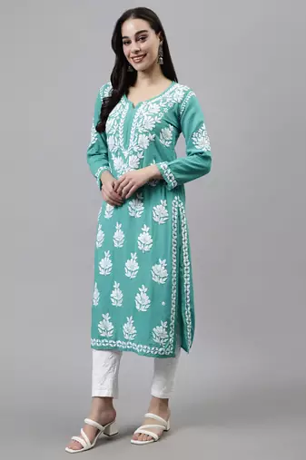 Seva chikan hand embroidered turquoise rayon lucknowi chikan kurta