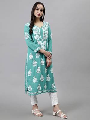 Seva chikan hand embroidered turquoise rayon lucknowi chikan kurta 5