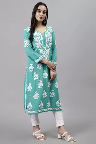 Seva chikan hand embroidered turquoise rayon lucknowi chikan kurta