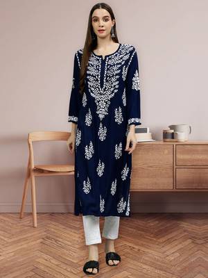 hand embroidered navy blue modal lucknowi chikan kurta 1