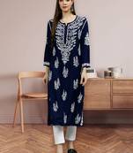 hand embroidered navy blue modal lucknowi chikan kurta