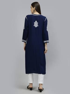 hand embroidered navy blue modal lucknowi chikan kurta 2
