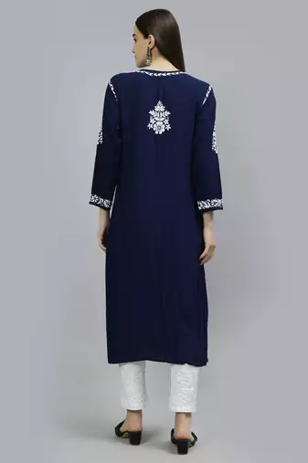 hand embroidered navy blue modal lucknowi chikan kurta
