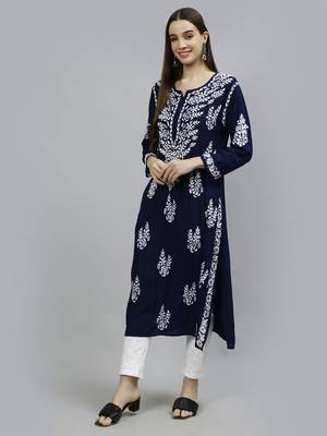 hand embroidered navy blue modal lucknowi chikan kurta 3