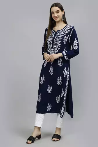 hand embroidered navy blue modal lucknowi chikan kurta