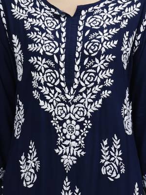 hand embroidered navy blue modal lucknowi chikan kurta 4