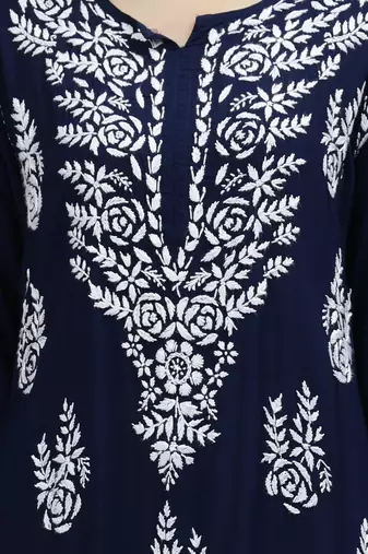 hand embroidered navy blue modal lucknowi chikan kurta