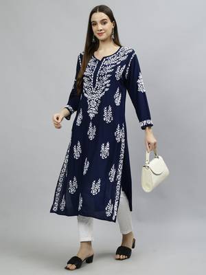 hand embroidered navy blue modal lucknowi chikan kurta 5