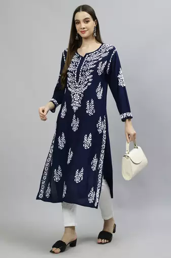 hand embroidered navy blue modal lucknowi chikan kurta