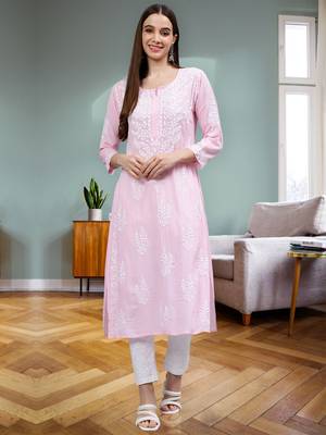 hand embroidered pink modal lucknowi chikan kurta 1