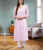 hand embroidered pink modal lucknowi chikan kurta