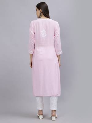 hand embroidered pink modal lucknowi chikan kurta 2