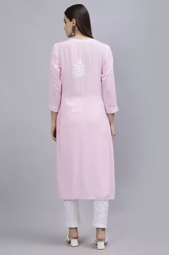 hand embroidered pink modal lucknowi chikan kurta