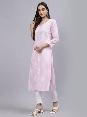 hand embroidered pink modal lucknowi chikan kurta 3