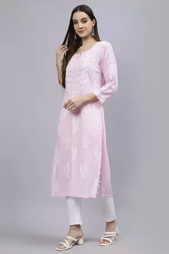 hand embroidered pink modal lucknowi chikan kurta