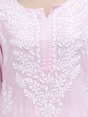 hand embroidered pink modal lucknowi chikan kurta 4