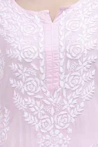hand embroidered pink modal lucknowi chikan kurta