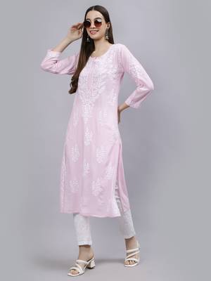 hand embroidered pink modal lucknowi chikan kurta 5
