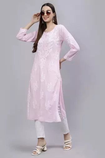 hand embroidered pink modal lucknowi chikan kurta