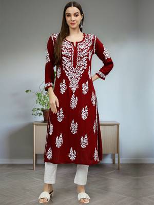 hand embroidered maroon modal lucknowi chikan kurta 1