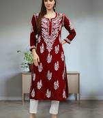 hand embroidered maroon modal lucknowi chikan kurta