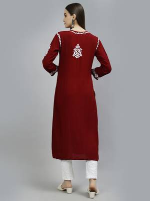 hand embroidered maroon modal lucknowi chikan kurta 2