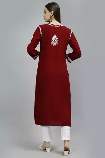 hand embroidered maroon modal lucknowi chikan kurta