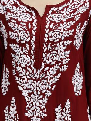 hand embroidered maroon modal lucknowi chikan kurta 3