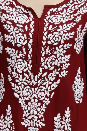 hand embroidered maroon modal lucknowi chikan kurta