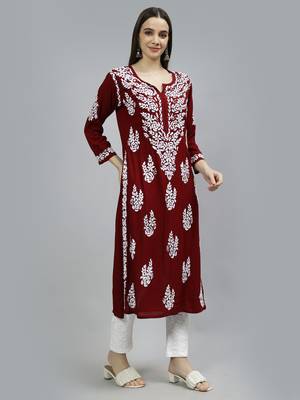 hand embroidered maroon modal lucknowi chikan kurta 4