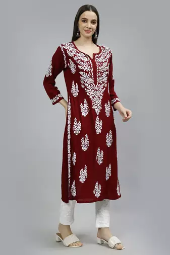 hand embroidered maroon modal lucknowi chikan kurta
