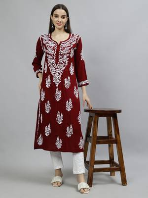 hand embroidered maroon modal lucknowi chikan kurta 5