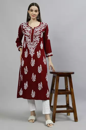 hand embroidered maroon modal lucknowi chikan kurta