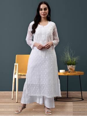 hand embroidered white georgette lucknowi chikan kurta with slip 1