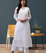 hand embroidered white georgette lucknowi chikan kurta with slip