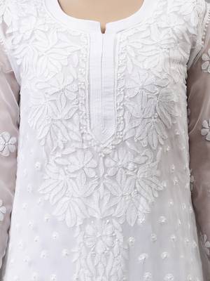 hand embroidered white georgette lucknowi chikan kurta with slip 2