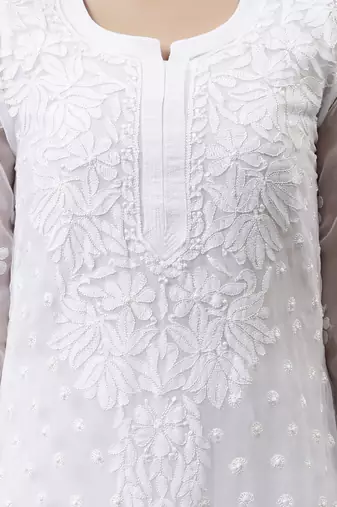 hand embroidered white georgette lucknowi chikan kurta with slip