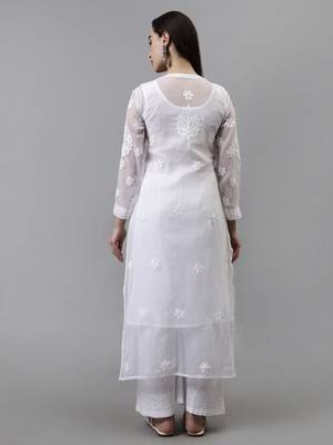 hand embroidered white georgette lucknowi chikan kurta with slip 3