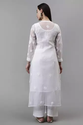 hand embroidered white georgette lucknowi chikan kurta with slip